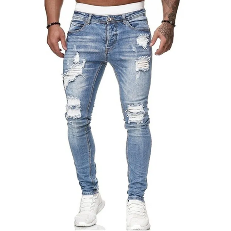 Men Ripped Skinny Jeans Blue Pencil Pants Motorcycle Party Casual Trousers Street Clothing Denim Man Clothin