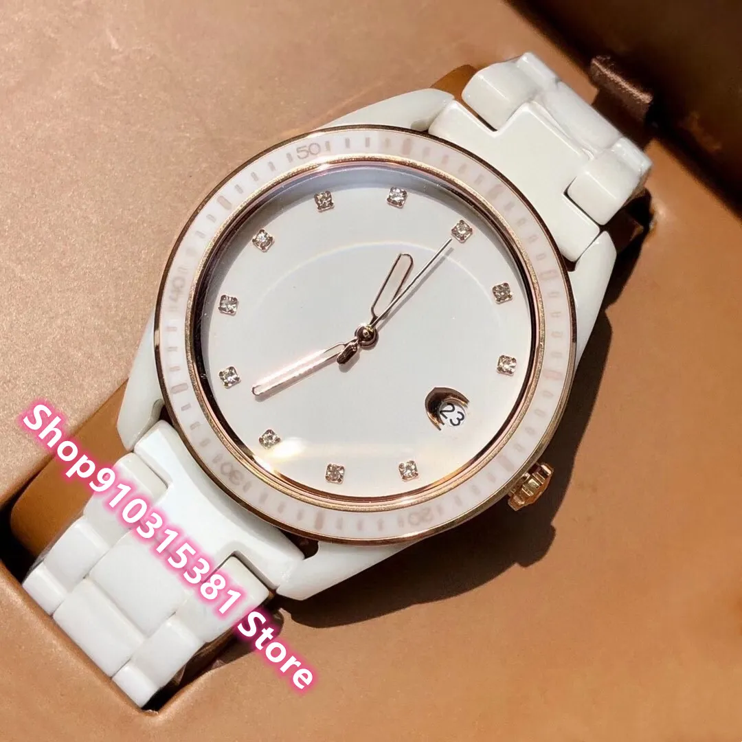 Clássico marca cristal diamante quartzo relógio de aço inoxidável rosa branco branco relógio cerâmico moda mulheres relógio de cerâmica 36mm