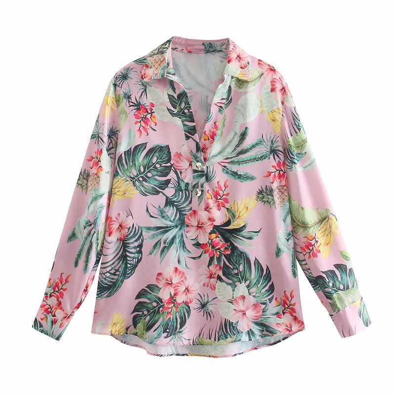 Za Tropical Print Shirt Kobiety Z Długim Rękawem Asymetryczne Koszule Letnie Kobiety Moda Przycisk Up Vintage Bluzka Casual Top 210602