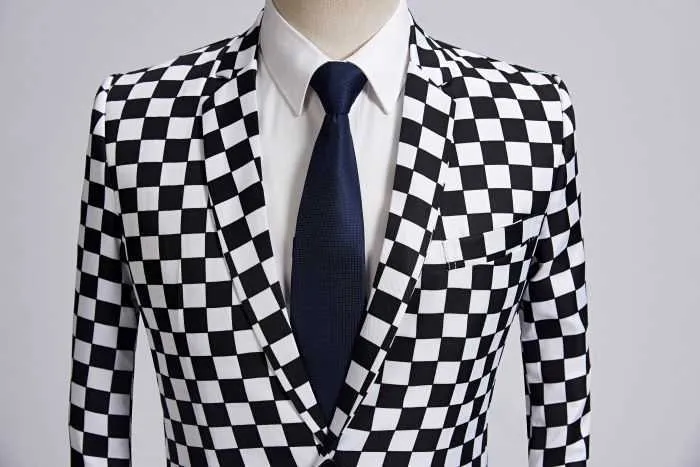 PYJTRL Fashion Suit Men Black White Plaid Print Set Latest Coat Pant Designs Wedding Stage Singer Slim Fit Costume X0909