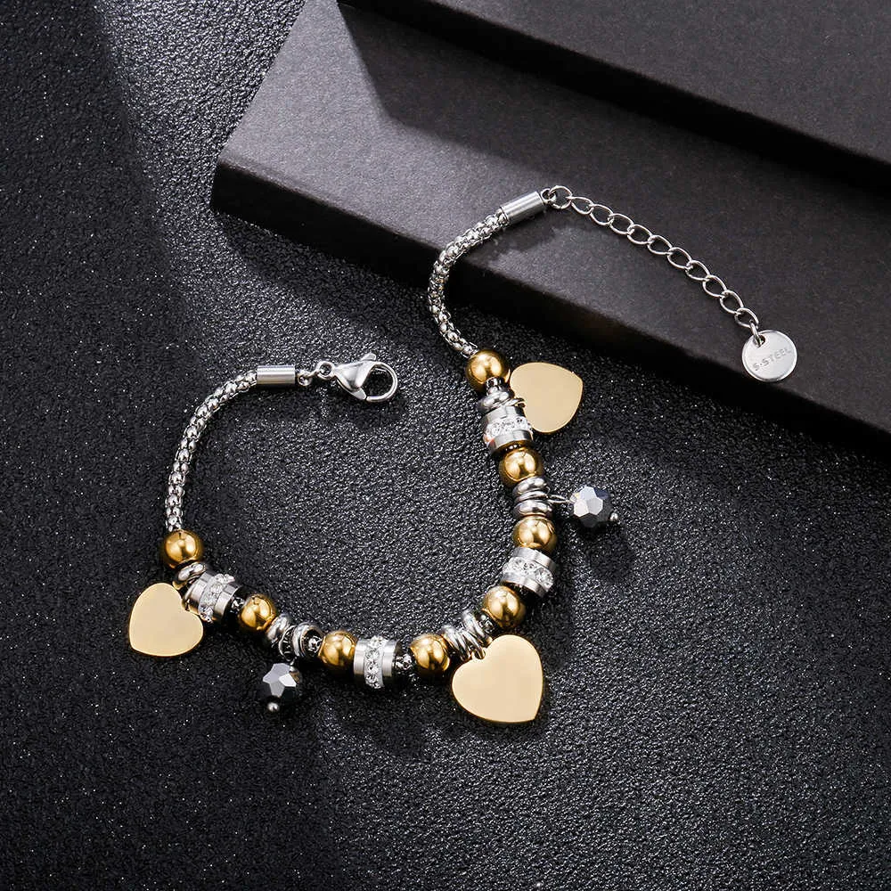 Love Charm Gold Bracelets Mode Métal Perlé Cristal En Acier Inoxydable Pulsera Coeur Bracelet Bijoux pour Femmes Filles Cadeaux Q0719