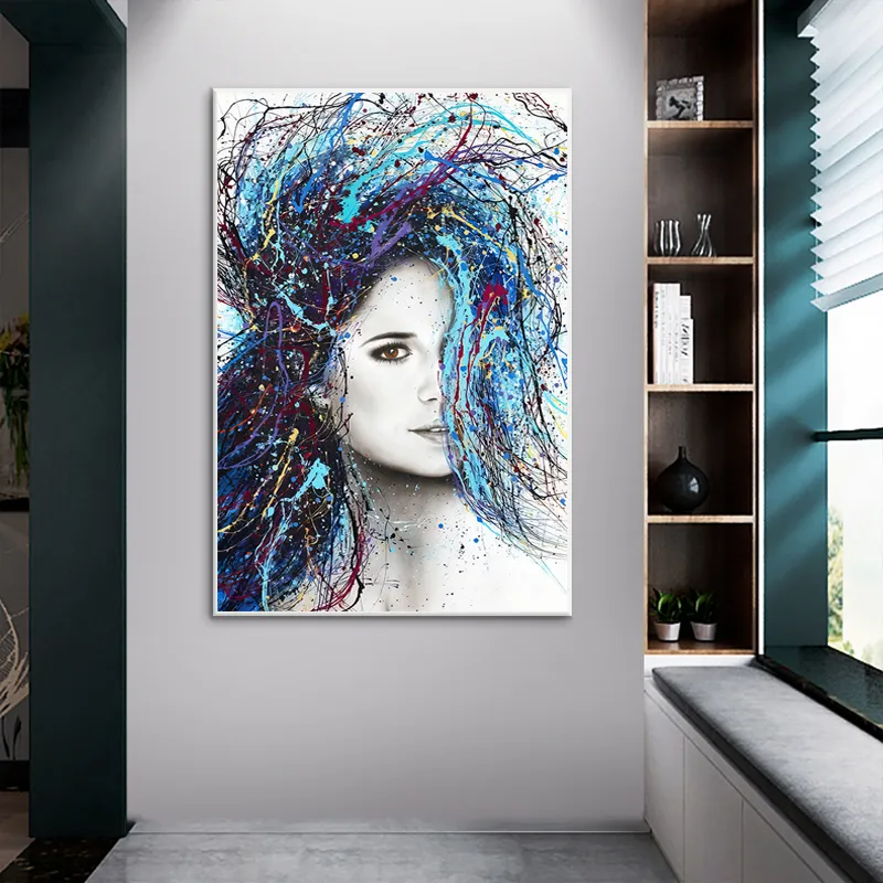 Nowoczesna abstrakcyjna sztuka ścienna kolorowe włosy kobieta obraz na płótnie rysunek plakaty i druki wiszące obrazy na wystrój salonu
