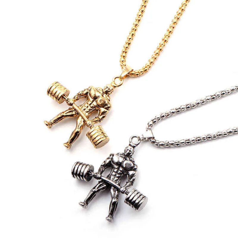Classic Charm Sporty Style Dumbbell Pendant Fitness Necklace Weightlifting Pendant Necklaces For Male Men Fitness Enthusiast G220310