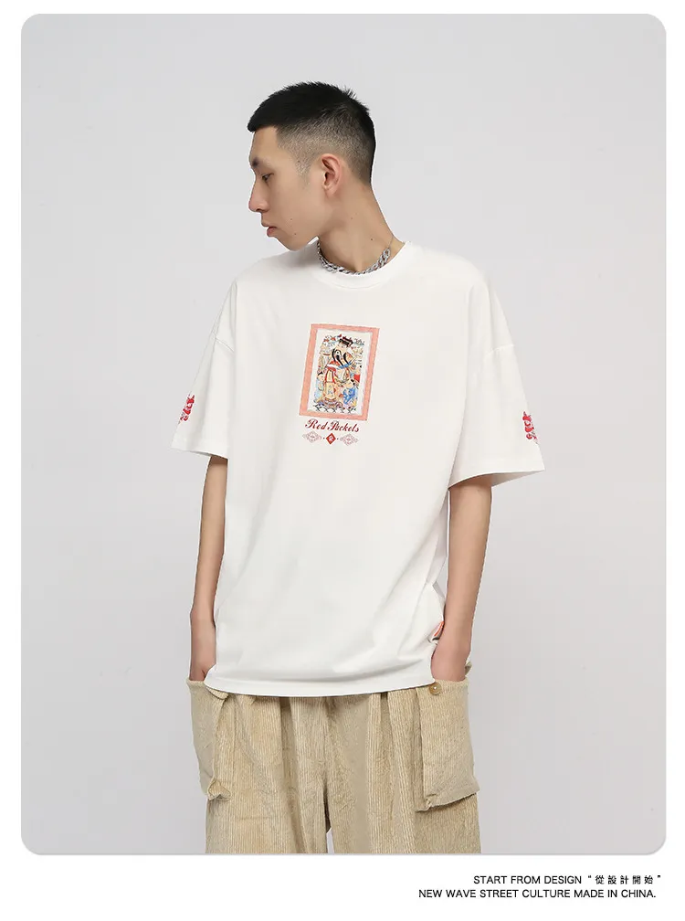 中国スタイルの短袖Tシャツメンズプリントファッションルーズヒップホップカップルトップス
