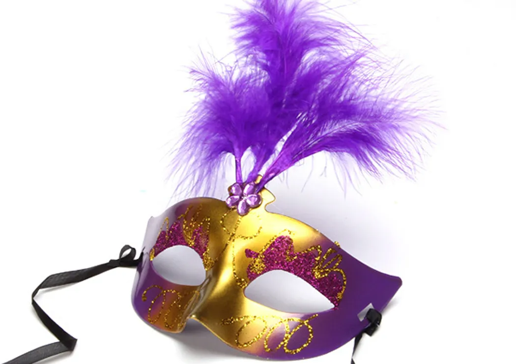 Plume Brillant Plaqué Parti Masque Accessoires De Mariage Mascarade Mardi Gras Demi Masque Mascaras Venecianas Para Fiestas Y200103