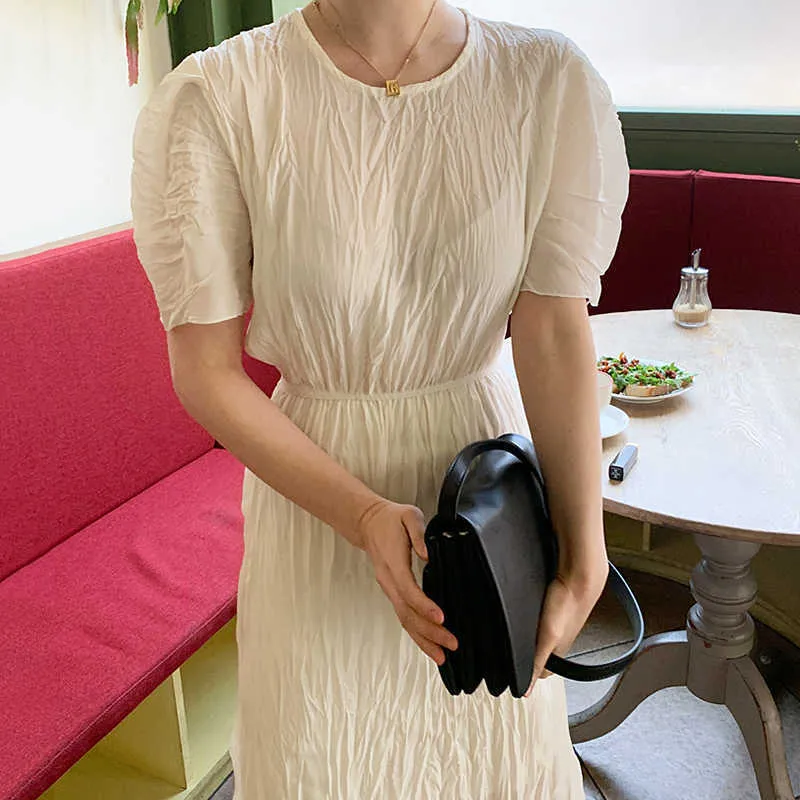 Korejpaa femmes robe été coréen Chic Simple col rond plissé conception taille haute Slim-Fit longues manches courtes Vestidos 210526