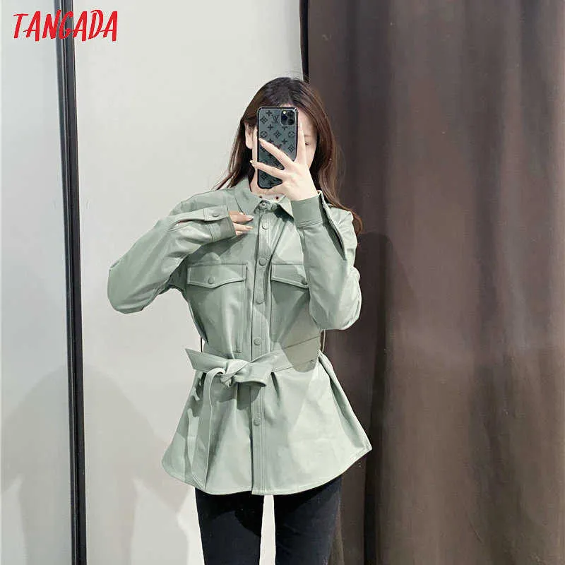 Tangada Women Light Green Faux Leather Jacket Coat with BeltLadies Long Sleeve Loose Oversize Boy Friend 6A125 211014