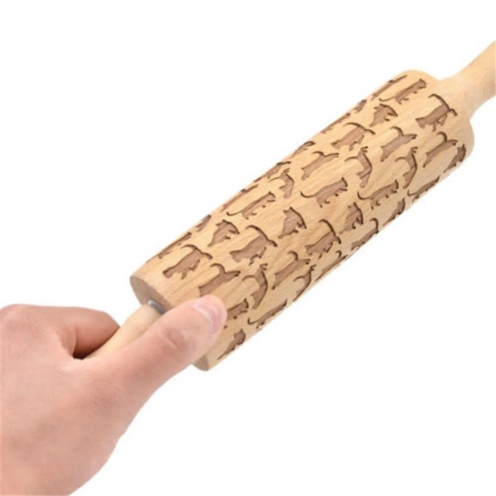 1 ADET 34 CM Hayvanlar Desen Ahşap Kabartma Haddeleme Pimleri Oyulmuş Rolling Pin Housewarming Hediye Noel Yılı Dekor için 211008