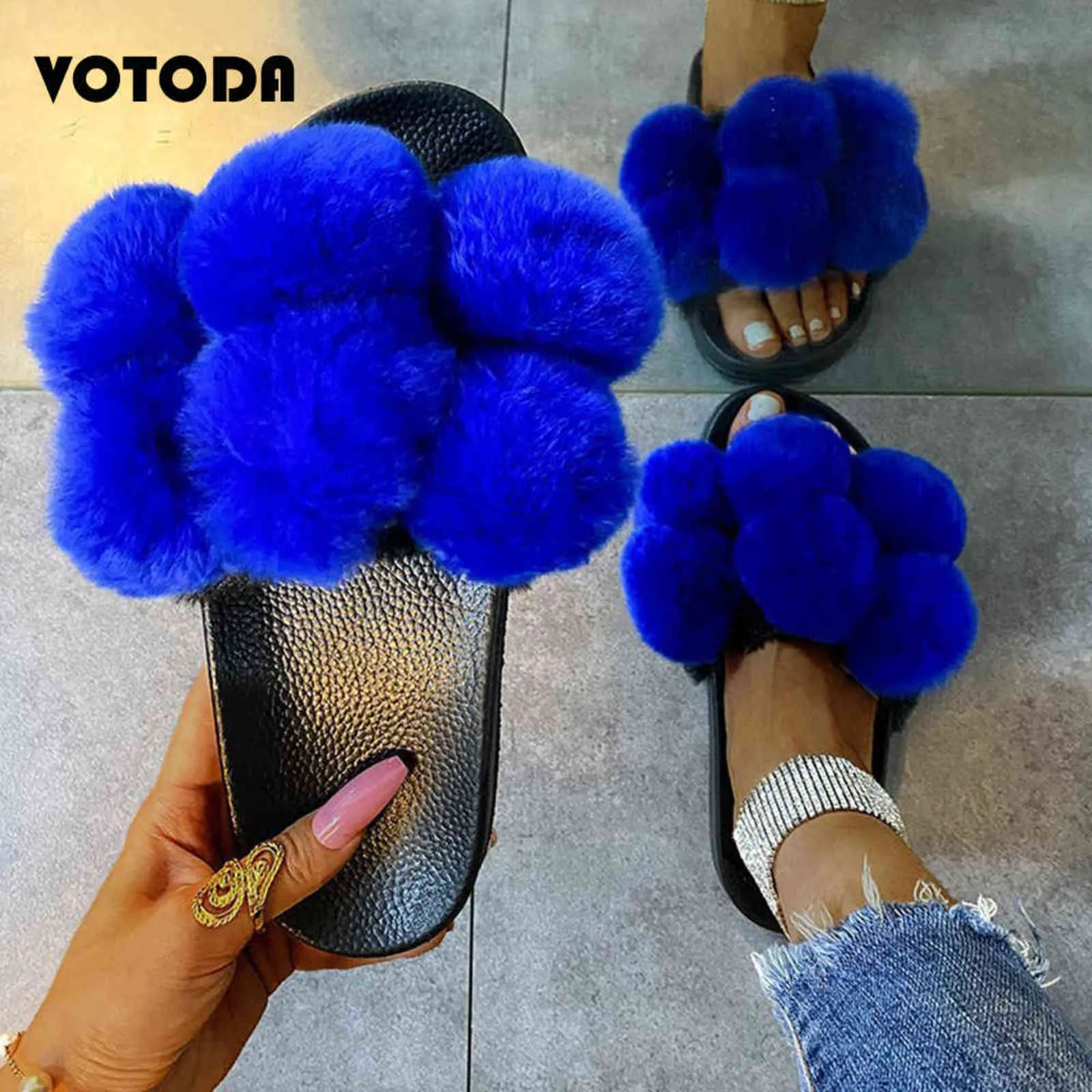 Summer Women Fur Slippers Pom ry Slides Ladies Cute Ball Flip Flops Fluffy Faux Sandals Outdoor Rainbow Shoes H1122