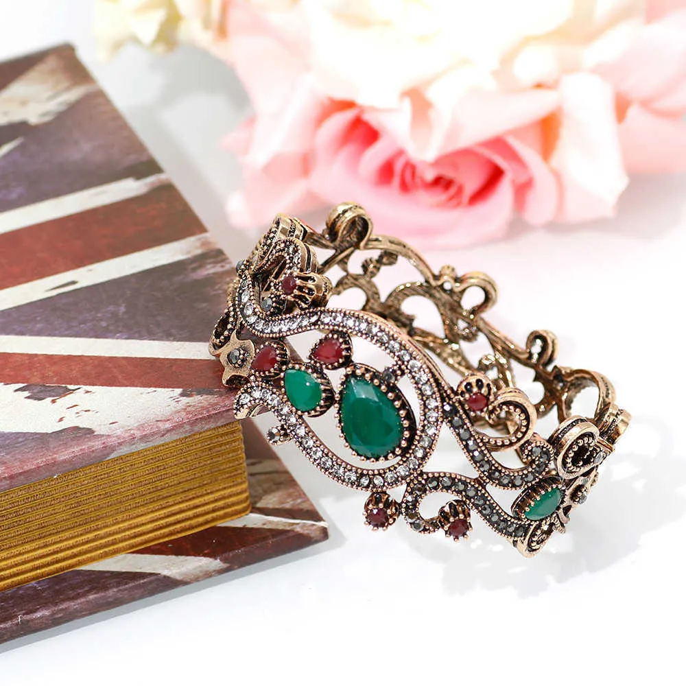 Sunspice-ms turkisk blomma vintage armband för kvinnor antik guld multicolor harts etniska bröllop manschett armband brud smycken Q0719
