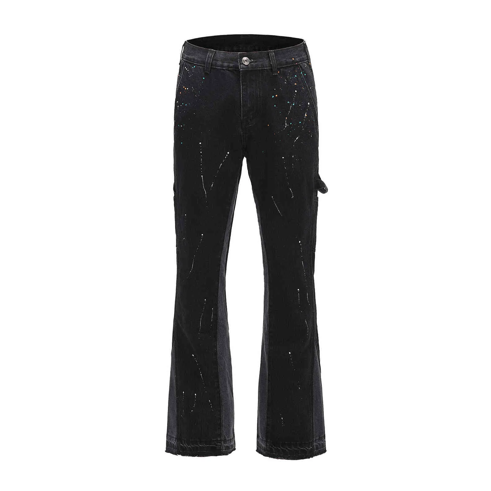 Urban Streetwear Flare Pants Black Wide Leg Jeans Hip Hop Splashed Ink Trousers Men Patchwork Slim Fit Denim for 211111