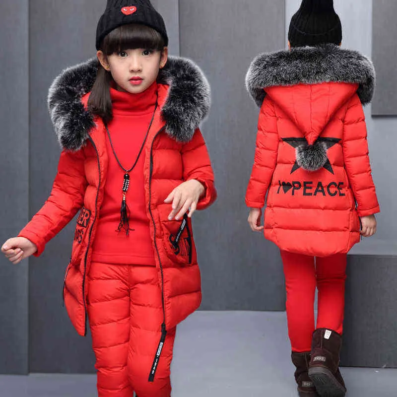 Girl winter set jacket Clothing for Russia Winter Hooded Warm Vest Jacket+Warm Top Cotton Pants Coat with Fur Hood 211222