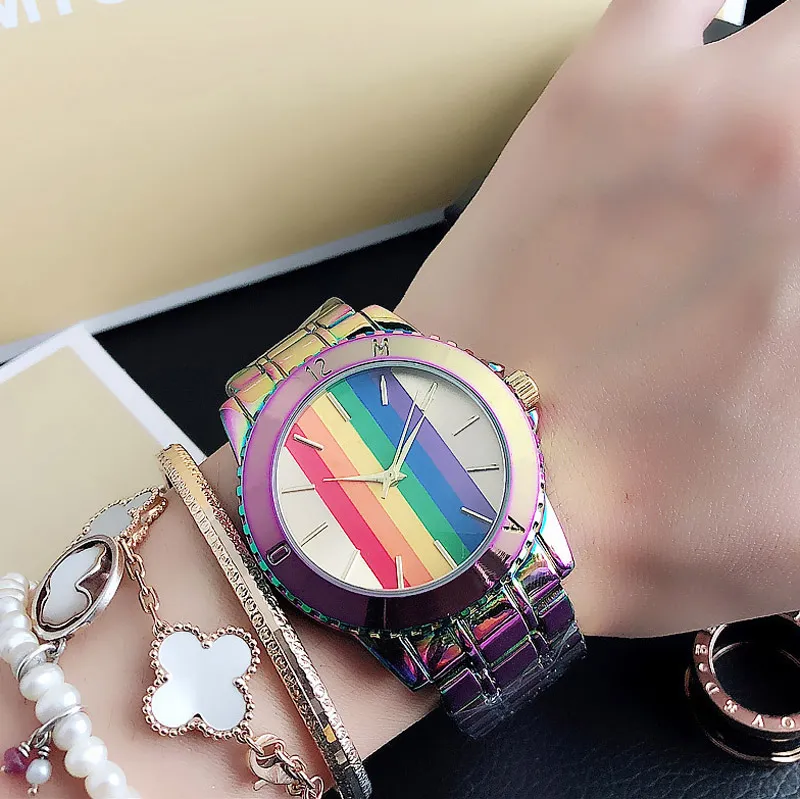 Varumärke kvarts tittar på män kvinnor tjej regnbåge färgglada stil metall stål band handleds klocka m934224016