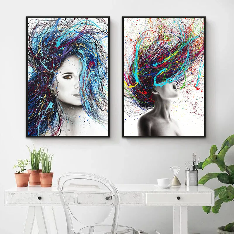Nowoczesna abstrakcyjna sztuka ścienna kolorowe włosy kobieta obraz na płótnie rysunek plakaty i druki wiszące obrazy na wystrój salonu