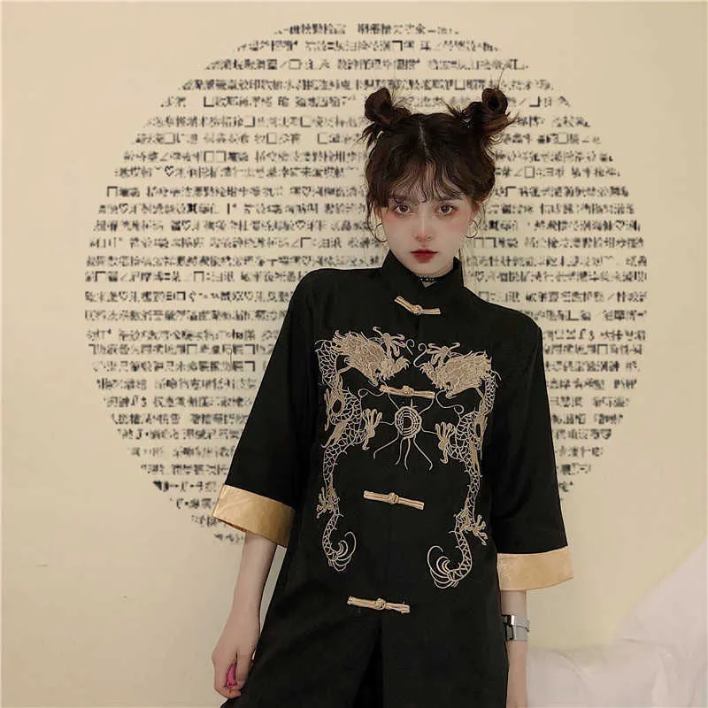 Black Gothic Tang Suit Shirt Dress for Girls Women Chinese Traditional Blouse Single Breasted Dragon Embroidery Jacket Coat 210702