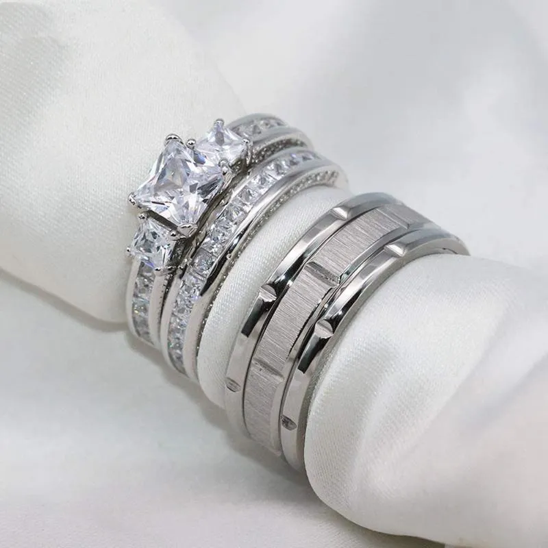 Anéis de casamento casal feminino clássico quadrado zircão anel de noivado conjunto masculino 8mm aço inoxidável cor prata sulco c341d
