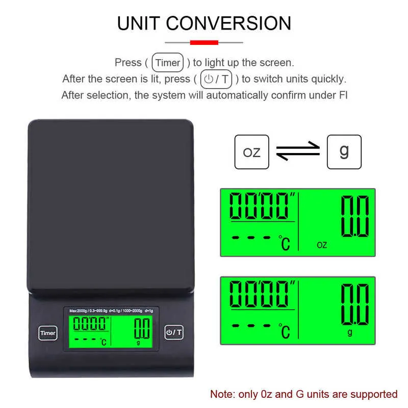 Многофункциональный ручной кофе масштаб с температурой температуры таймера цифровой кухонный масштаб ЖК-масштаб Electronic 1000G / 0,1G-2000G / 1G 210927