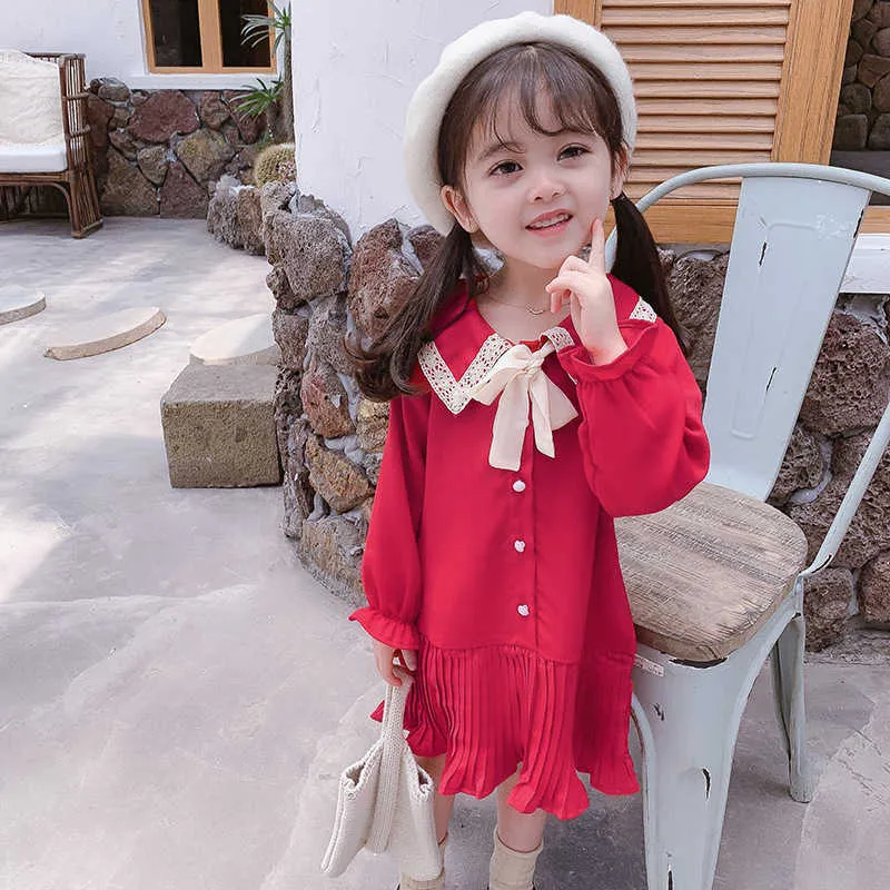 Vestito da ragazza primaverile a maniche lunghe pieghettato coreano bambini da principessa bambini Abbigliamento bambine 210625