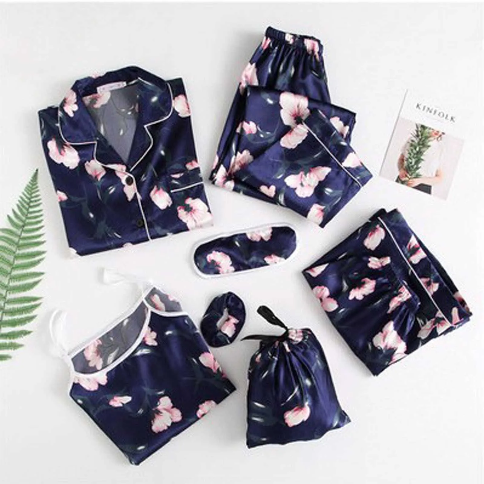 7шт шелковые женщины женское белье Camisole Print Shorts BAND PAJAMAS WTROFLOP Sleewwura Pijams Установить домашнюю одежду для Ladie весь день Pajama q0706