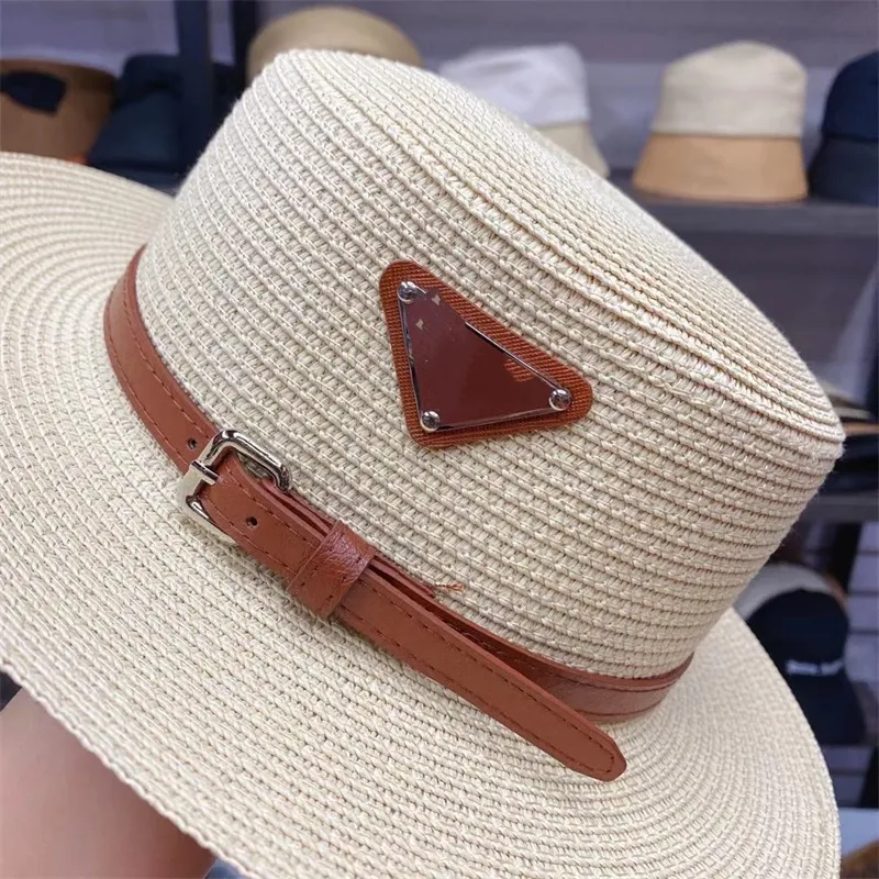 Girl Women Straw Hat Classic Big Eaves Belt Triangle Letter Cover Face Sun Protection Breattable293Z
