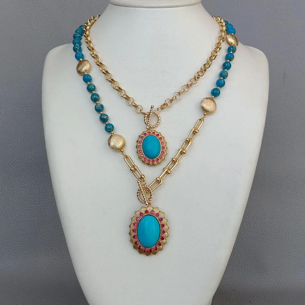 YYGEM CZ Pave Blue Sea Sesiment Jasper Turquoiseペンダントチェーンステートメントネックレスイヤリングセット18 