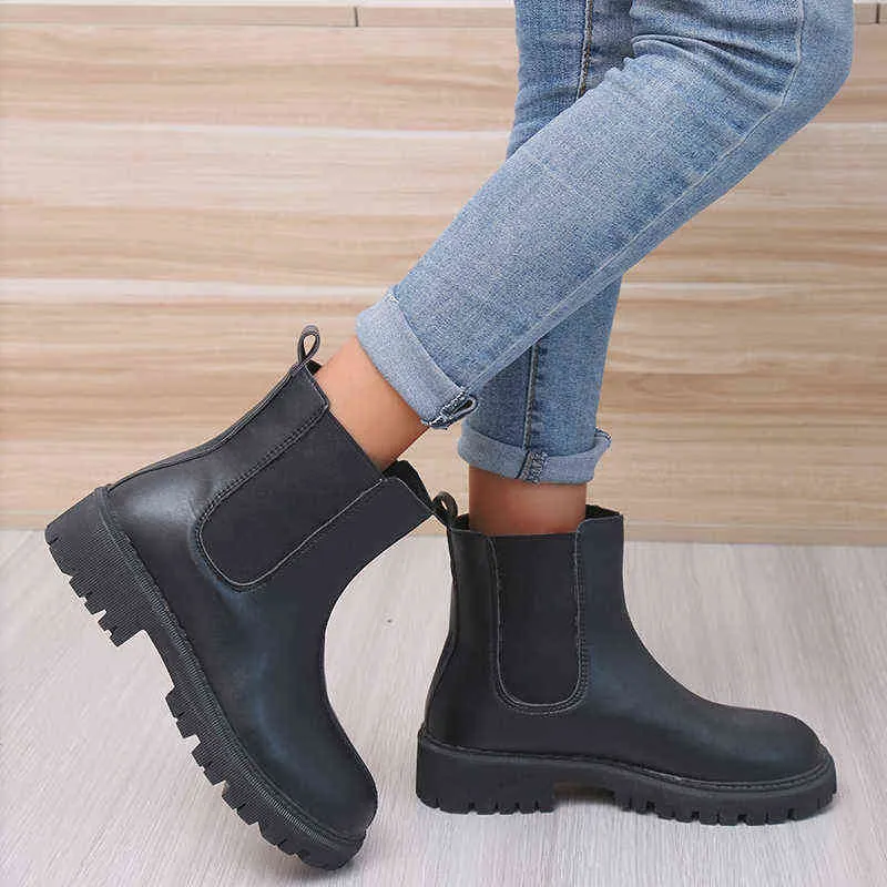 New Chunky Boots Fashion Platform Donna Caviglia Donna Suola Pouch Caviglia Botas Mujer Punta tonda Slip-On Botas Altas Mujer Plus Size Y1105