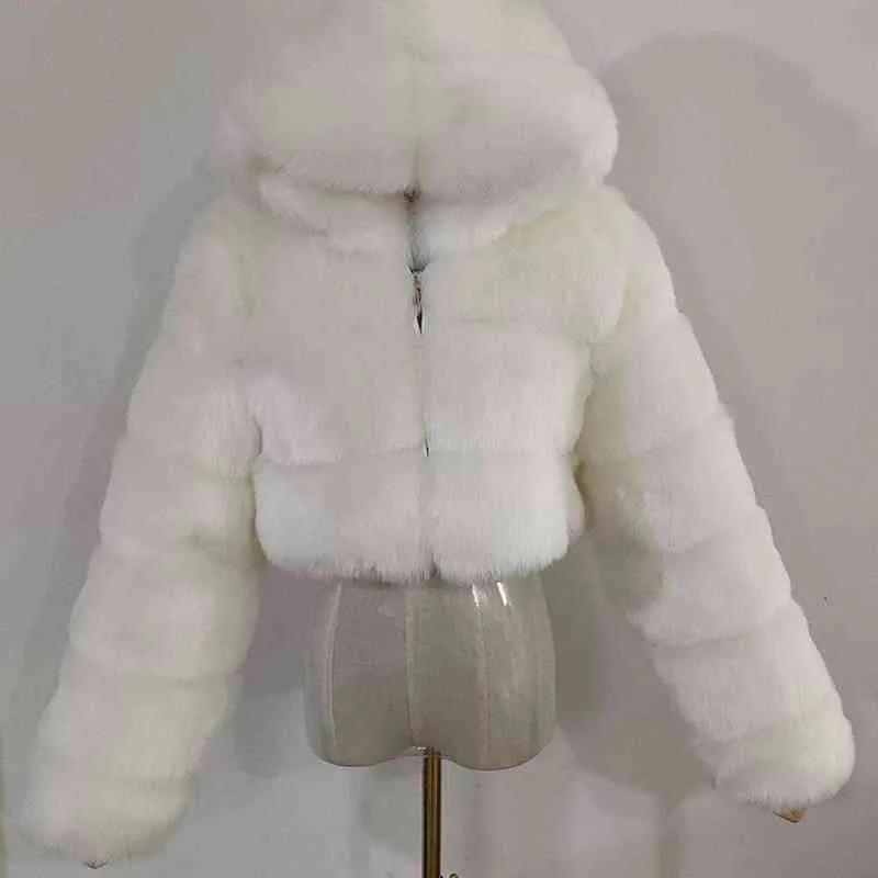 Пальто из искусственного меха женская модная зимняя пушистая теплая короткая куртка на молнии с капюшоном теплая женская зимняя куртка 211220
