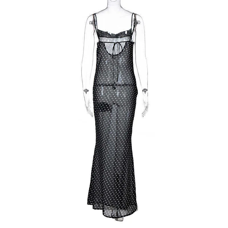 Col en V sans manches gaze transparent pansement noir à lacets jupe décontracté robe de Club ample pour les femmes Y1006