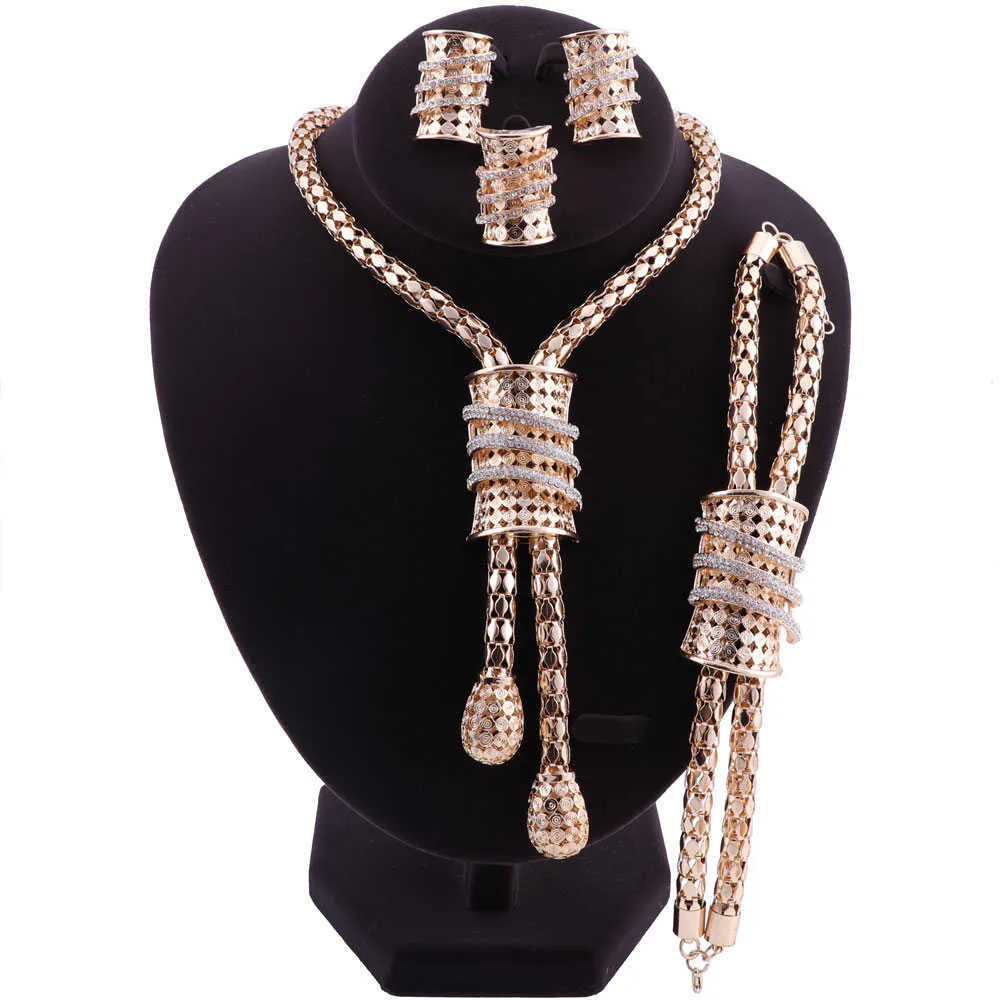 Dubai Gold Color Tassel Crystal Jewelry Set Bangle Earring Necklace Ring Wedding Bijoux Algeria Dubai Bridal Gifts H1022