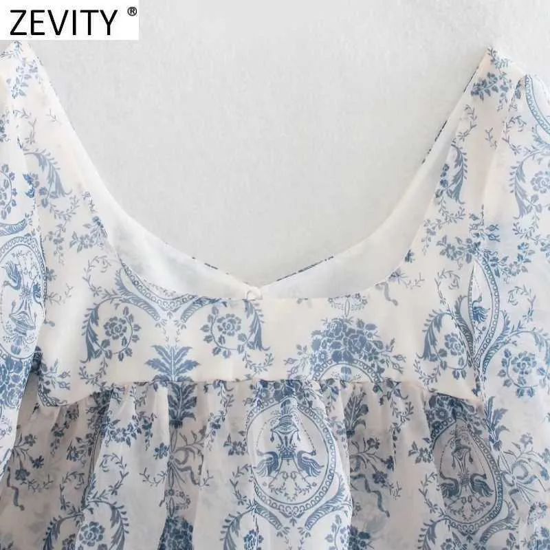 ZEVITY Kadın Moda Çiçek Baskı Şeffaf Organze Bluz Kadın Puf Kollu Dantel Yukarı Smock Gömlek Chic Yaz Tops LS9230 210603