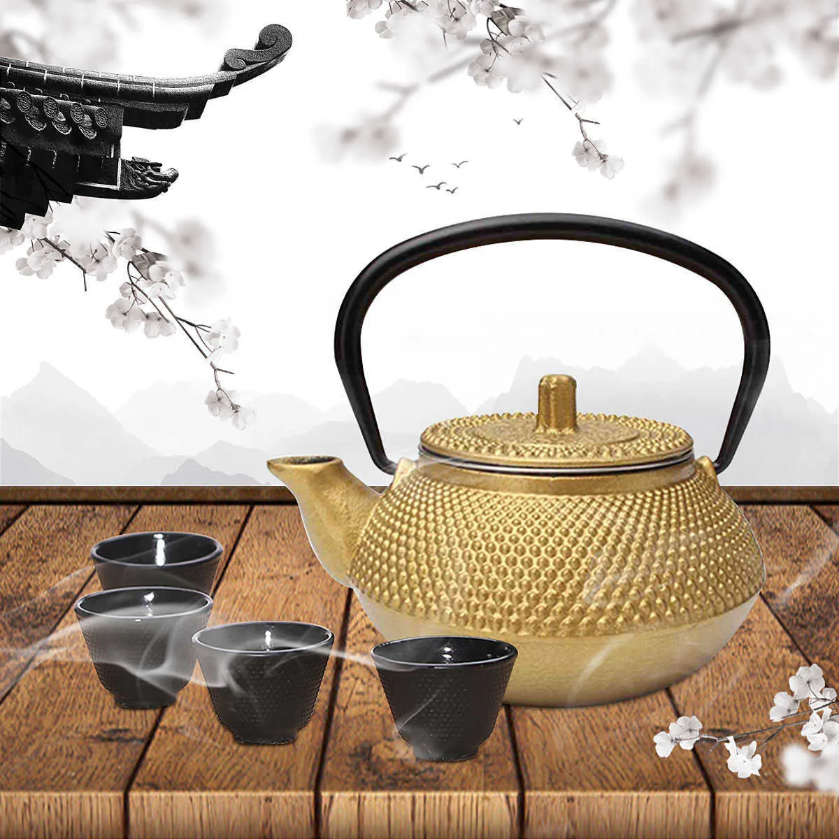 Gusseisen-Teekanne, japanischer Stil, Wasserkocher mit Sieb, Blumen-Puer-Kaffeekanne, 300 ml, 210813