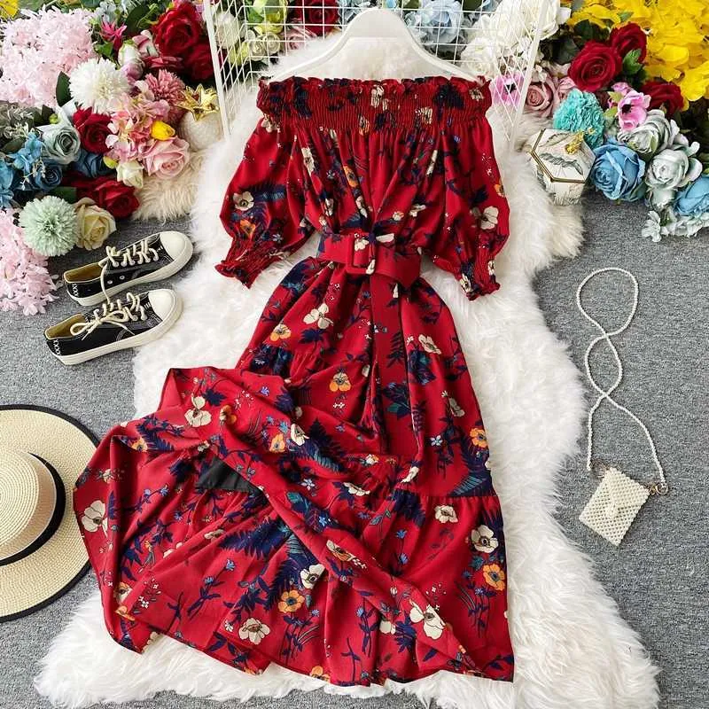 Bohemian Summer Férias Praia Mulheres Floral Impressão Chiffon Dress Sexy Slash Neck off Off Should Blue / Vermelho Dresse Feminino 2020 Novo Y0603