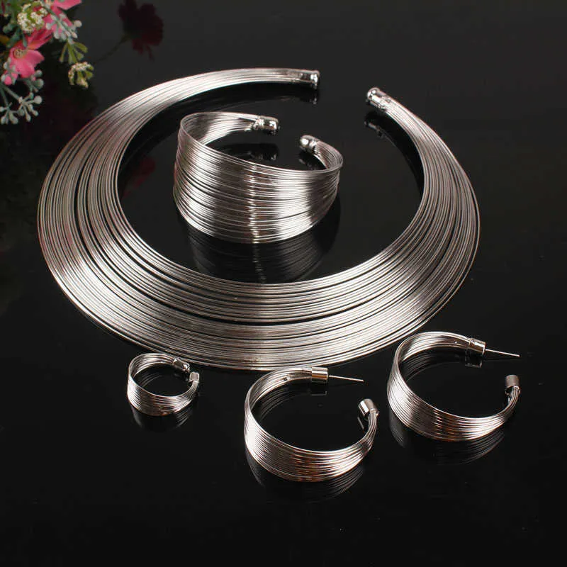 Indiański zestaw biżuterii Moda Metalowe Drutowe Torques Choker Naszyjniki Bangle Kolczyki Zestawy pierścieniowe dla kobiet Sukienka Gift Bridal Akcesoria H1022