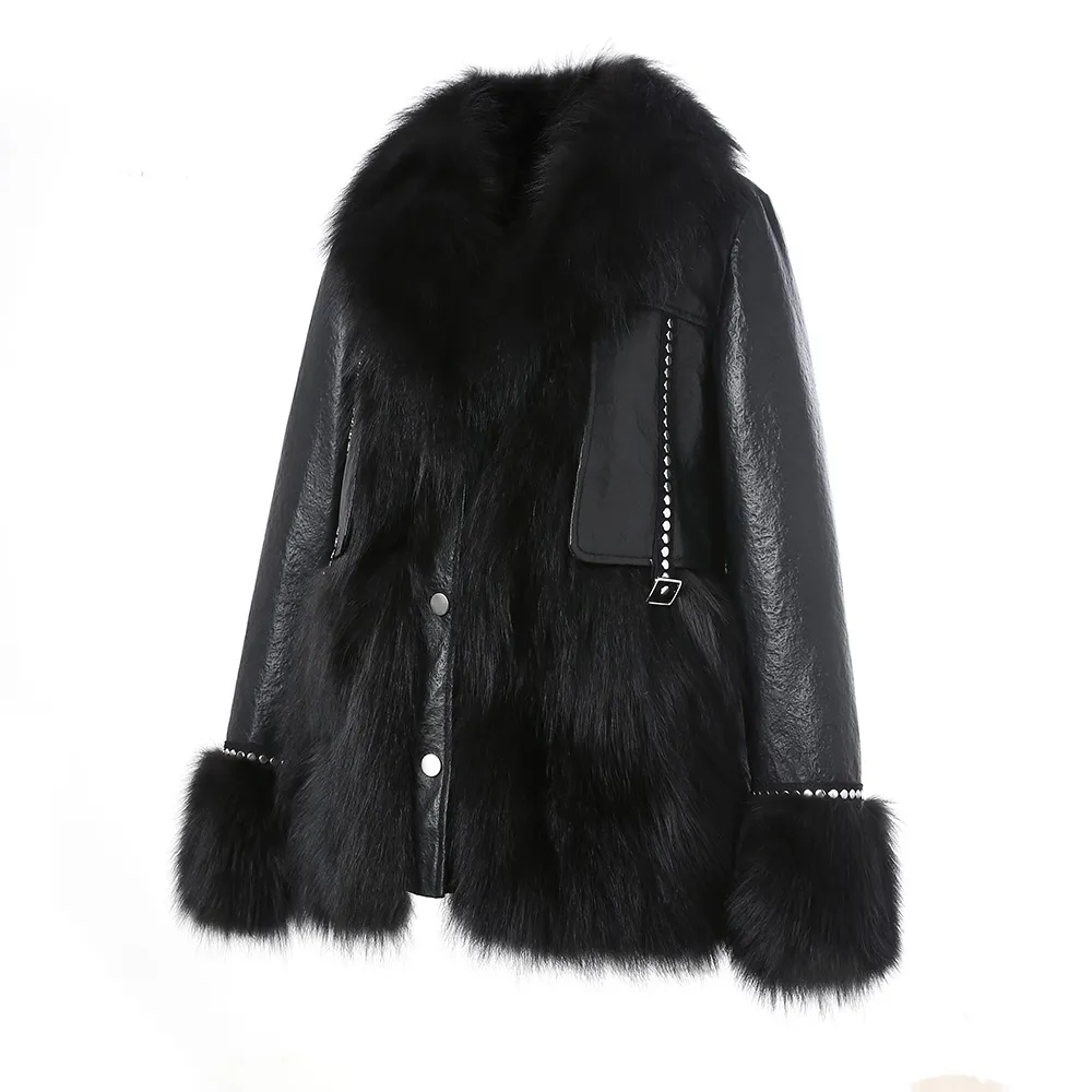 Moda Preto Jaqueta De Couro Mulheres Roupas Real Fox Fur Casacos Inverno Quente Senhora Outerwear Genuine Sheepskin S3504