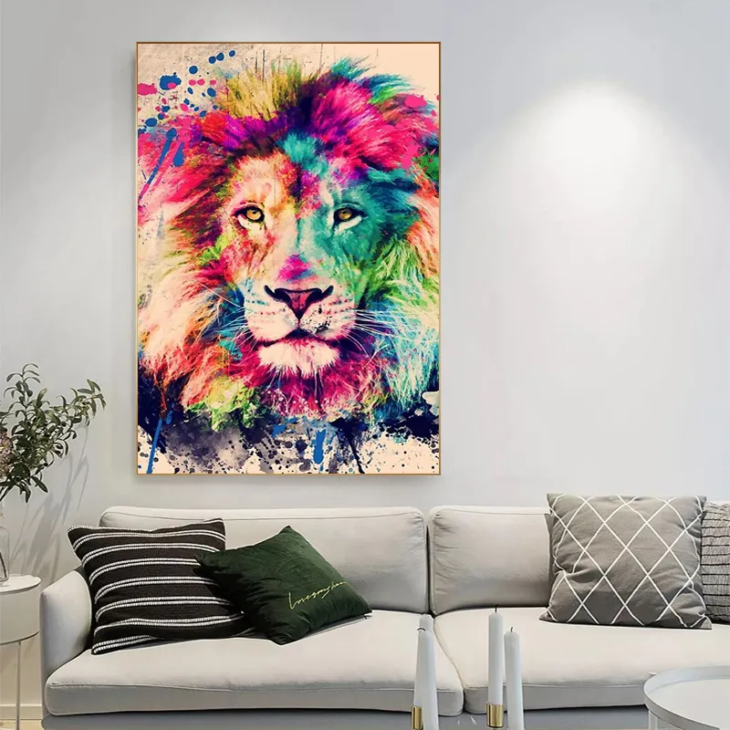 Renkli grafiti sanat hayvan aslanı tuval posterleri baskılar duvar sanatı yağlı boya duvar resimleri oturma odası için ev duvar cuadros t200904