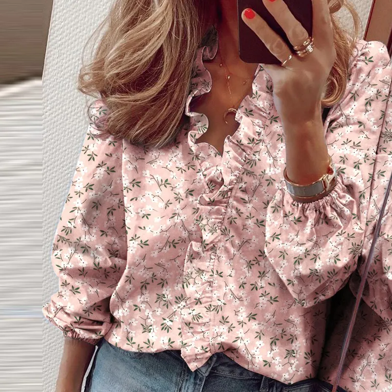 Spring Women's Blouse Lady tops women Solid Ruffle Female Shirt V-Neck Full Sleeve Casual Print shirts women clothing 210308