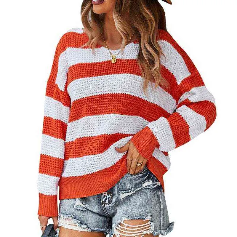 Women Spring Fall Patchwork Striped Knitted Sweater Jumper Pullovers Top O-Neck Full Sleeve Loose All Match S-XL Y1110