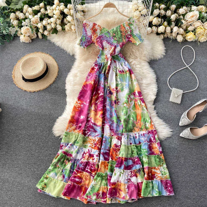 Mujeres primavera cruz estiramiento delgado largo tie-dye impresión gran swing vestido estilo de vacaciones con cuello en v mujer maxi vestidos d019 y0823