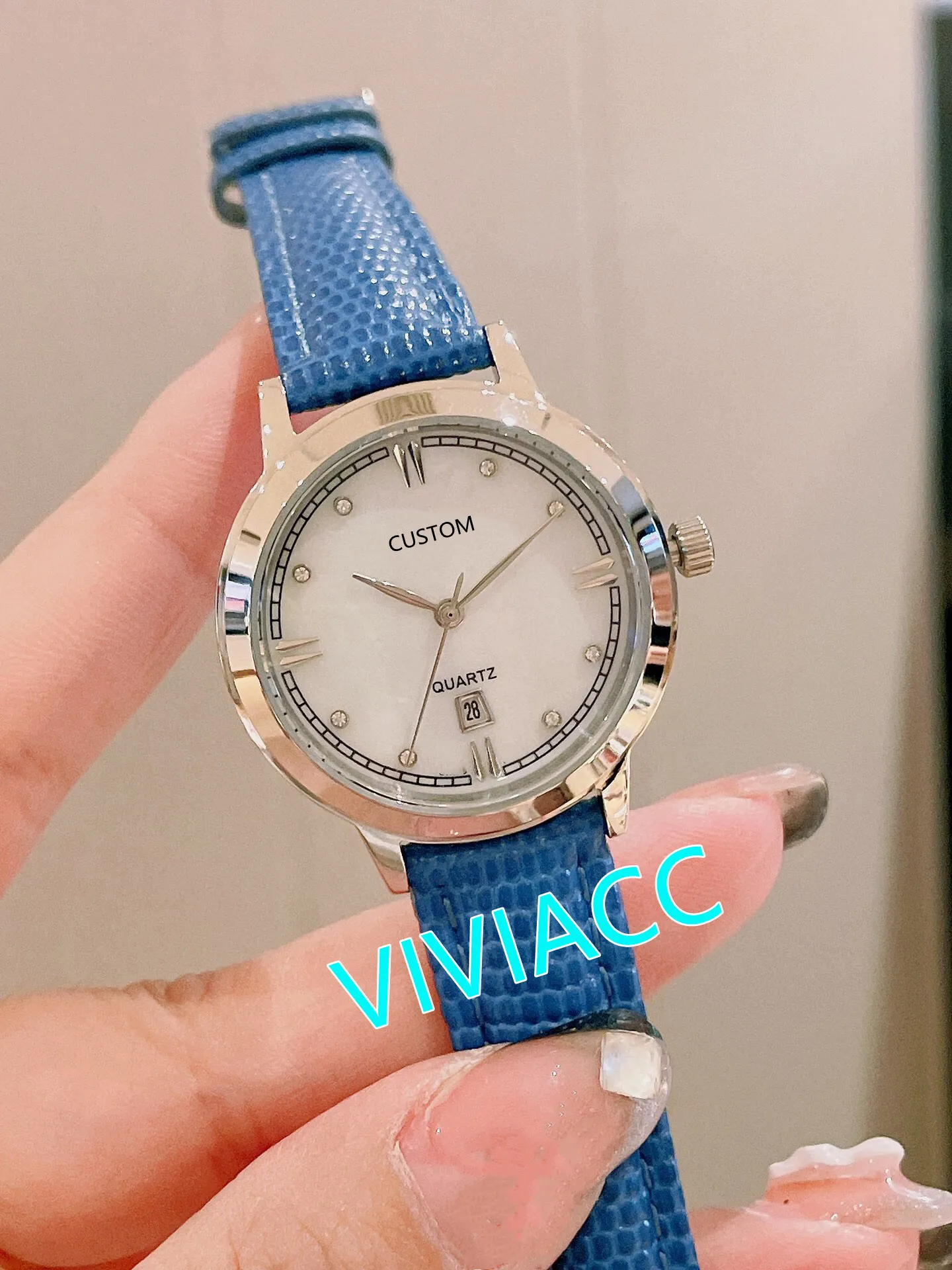 Natural Mother Of Pearl Shell Watches Fashion Women Blue Leather Crystal Diamond Watch Rose Gold Stainless Steel Clock 30mm