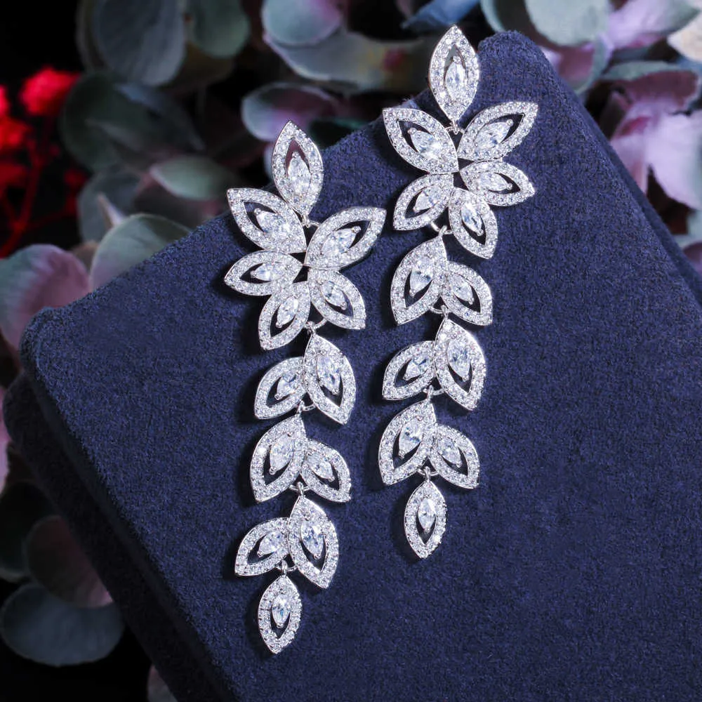 Poland Marquise Cubic Zirconia Cluster Dangling Drop Flower Leaf Long Earring for Women Wedding Banquet Jewelry CZ882 210714