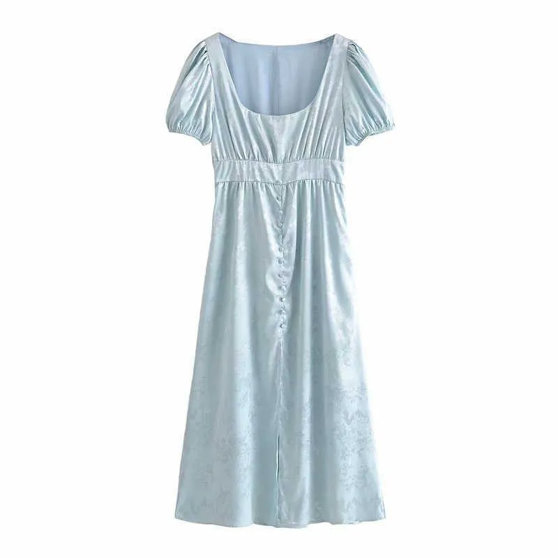 Za Floral Jacquard longue robe d'été femmes manches courtes bouffantes élégantes robes de soirée femme bouton Up Vintage robe froncée 210602