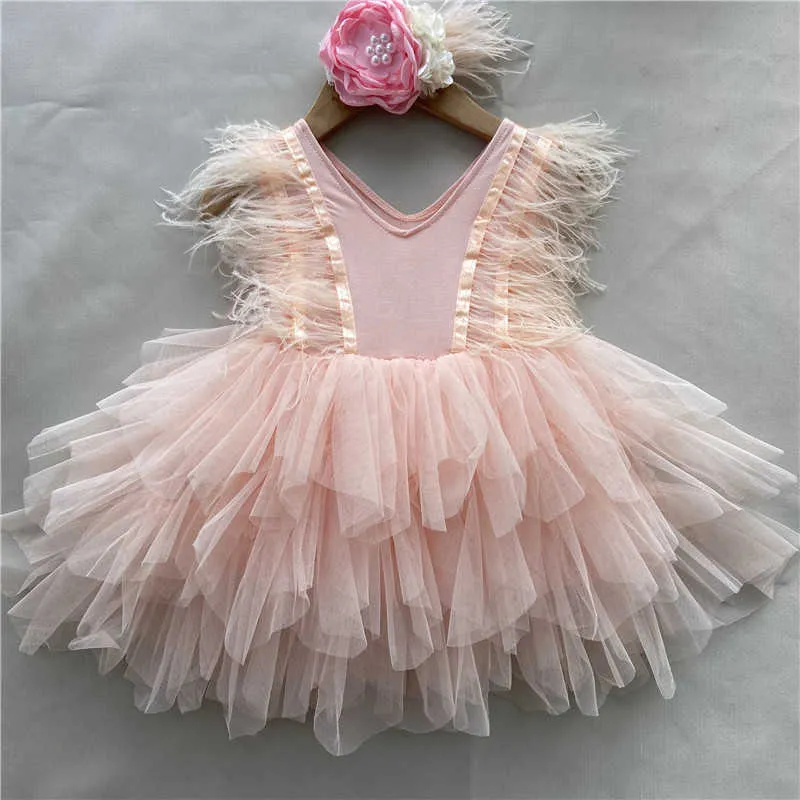 Korean Toddler Girls Feather tutu Dress With Headband for Party Cute 2 Years Old Outfit Clothing Set 210529