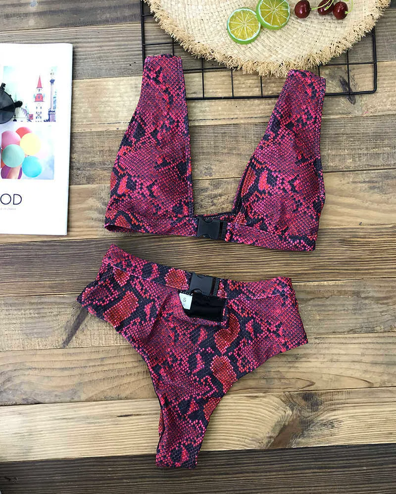 Schnalle Hohe Taille Bikini Set Afrikanische Bademode Frauen Badeanzug Sexy Red Snake Print Badeanzug Weibliche Bikinis Brasilianische 210630