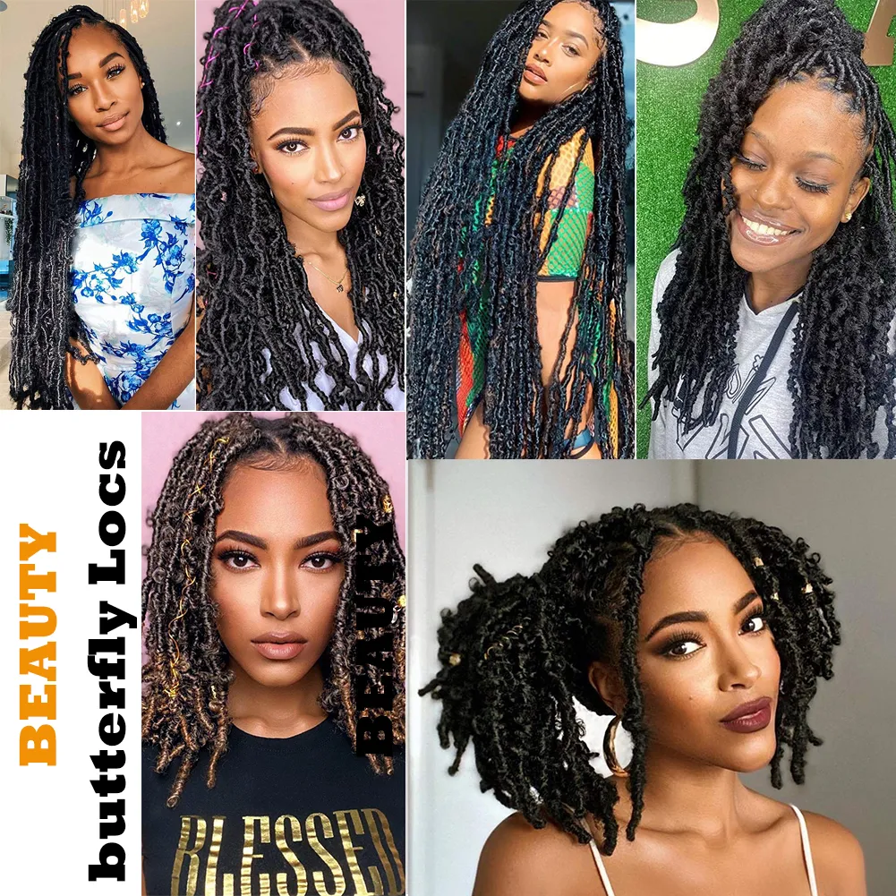 14quot 18quot 24 pollici Butterfly Locs Capelli all'uncinetto Distressed Faux Locs Ricci all'uncinetto Trecce Capelli disordinati Morbidi Locs Nero Braidin1308497