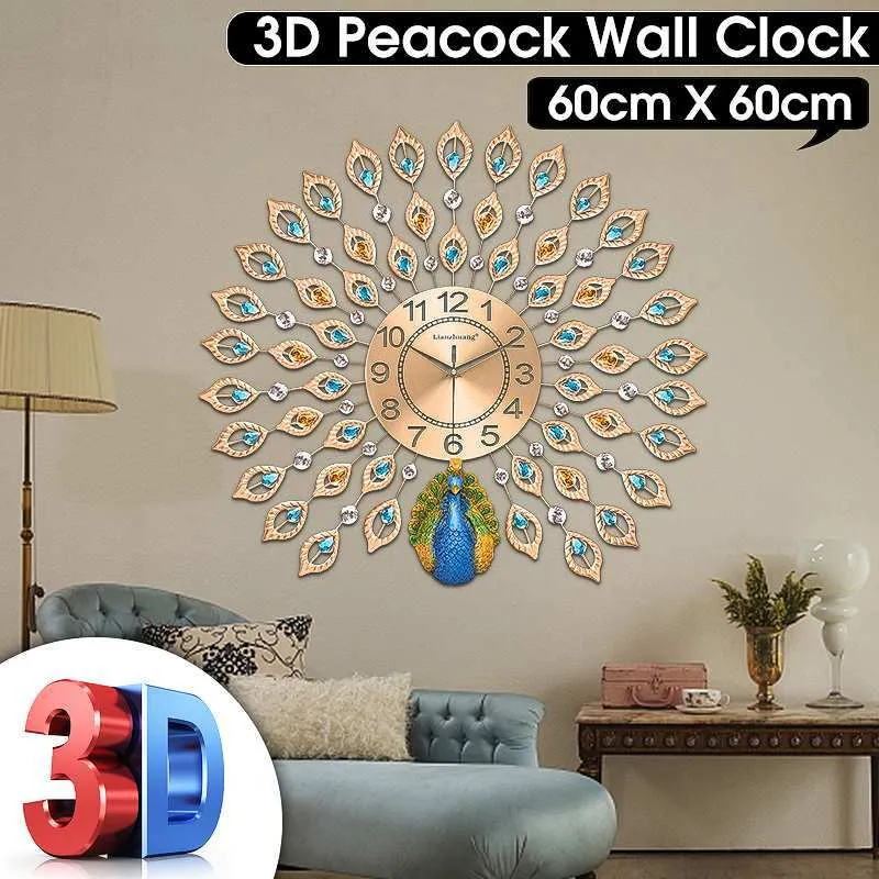 3D Large Wall Clock Home Decoration Bracket Clock Modern Design Wall Mounted Mute Clock Peacock Pattern Hanging Watch Crafts 210306231648