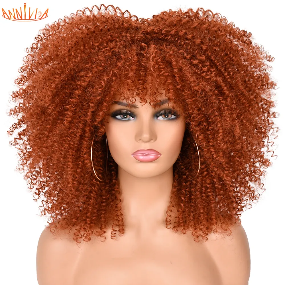 16 pouces courtes afro crépus bouclés perruques avec frange pour les femmes noires blonde mixte brun synthétique cosplay perruques africaines résistantes à la chaleurusine directe
