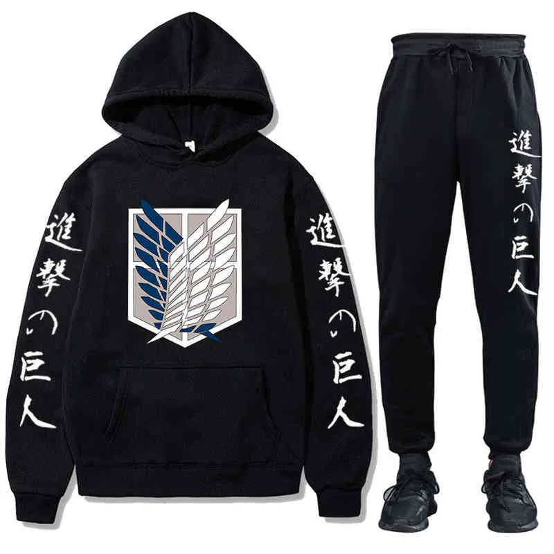 Unisex Anime Attack op Titan Trainingspakken Twee stukken Set Hoodies en Broek Herfst Winter Sweatshirt Solid Color Jogging Suits H1227