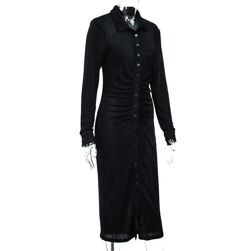Asie noir robe d'hiver femmes col rabattu bouton manches longues robes décontractées voir à travers Sexy robe mi-longue Streetwear 210806