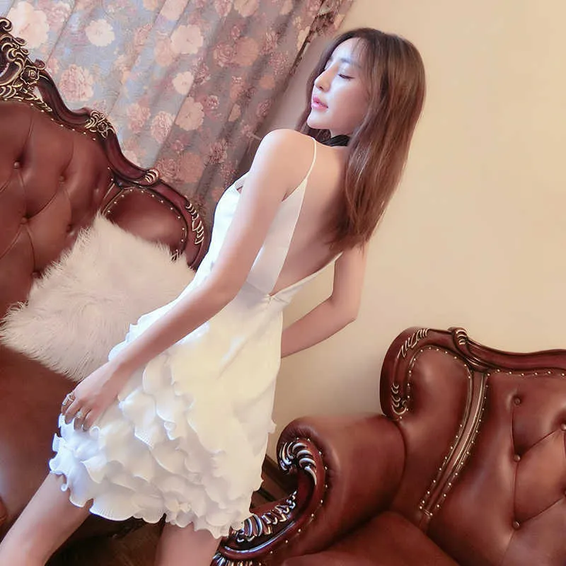 Französisch Vintage Backless Dres Sexy V-ausschnitt Rüschen Party Strap Weibliche Casual Dame Hochzeit Koreanische 210604