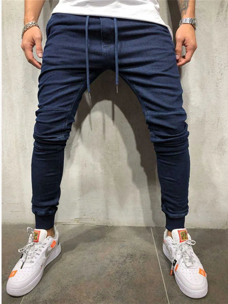 A calça jeans mais barata de trabalho calças skinny jeans slim encaixe rasgado grande e alto alongamento azul para homens afligidos elásticos wais x0621